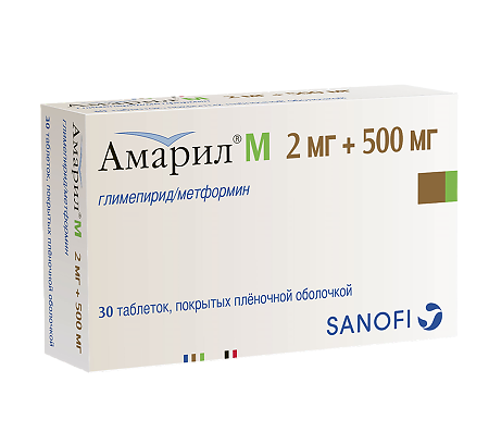 Амарил М таблетки покрыт.плен.об. 2 мг+500 мг мг 30 шт