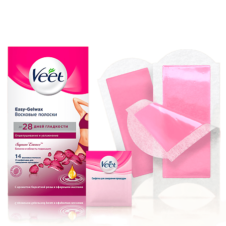 Veet полоски восковые для депиляции для бикини с ароматом бархатной розы 14 шт