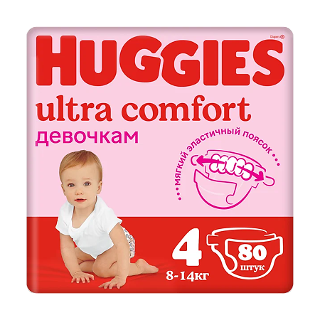 Huggies Подгузники Ultra Comfort 4 для девочек 8-14 кг 80 шт