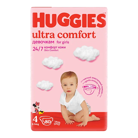 Huggies Подгузники Ultra Comfort 4 для девочек 8-14 кг 80 шт