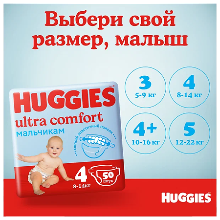 Huggies Подгузники Ультра Комфорт р.4 8-14 кг для мальчиков 80 шт