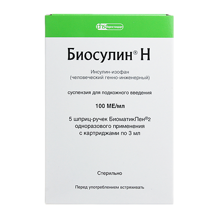 Биосулин Н суспензия для п/к введ 100 ме/мл 3 мл картриджи со шприц-ручкой биоматикпен 5 шт