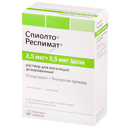 Спиолто Респимат раствор для ингаляций дозированный 2,5 мкг+2,5 мкг/доза 4 мл картриджи в комплекте с ингалятором респимат 1 шт