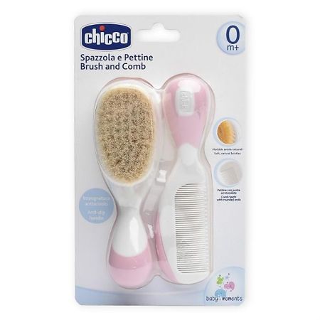 Chicco Набор расческа и щётка с натуральными щетинками 0+мес розовый 1 шт