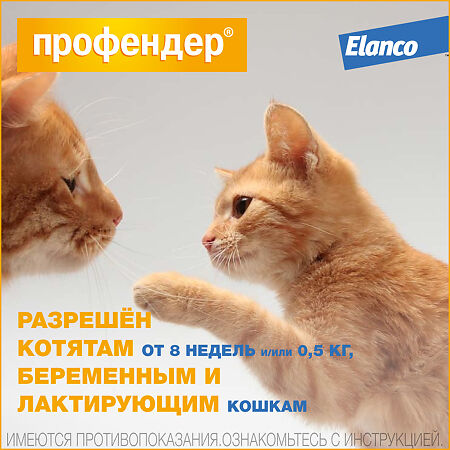 Профендер капли на холку от глистов для кошек от 2,5 до 5 кг пипетки 2 шт