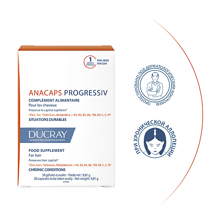 Ducray Аnacaps Прогрессив для волос и кожи головы капсулы массой 9,81 г 30 шт