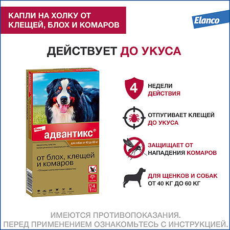 Адвантикс (Advantix) XXL капли на холку для собак от блох,клещей и летающих насекомыхот 40 до 60 кг пипетка 4 шт