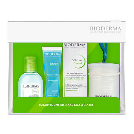 Bioderma набор Sebium Global крем 40 мл+H2O 100 мл+Гель очищ.45 мл+д/ват дисков 1 уп