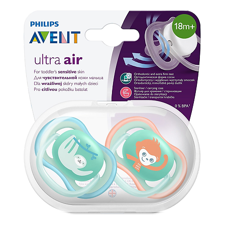 Philips Avent Пустышка Ultra Air SCF349/21 в комплекте с футляром для хранения и стерилизации 18+ мес 2 шт