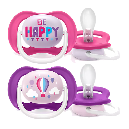 Avent Пустышка силиконовая Ultra Air Lime Be Happy/Воздушный шар 6-18 мес для девочек SCF080/16 2 шт