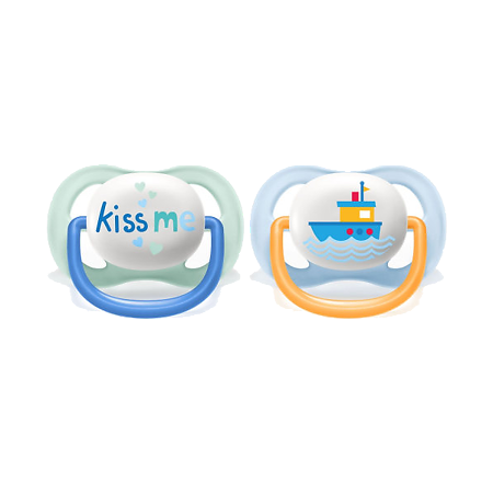 Philips Avent Пустышка силиконовая Ultra Air Lime Kiss me/Кораблик 0-6 мес для мальчиков SCF080/13 2 2 шт