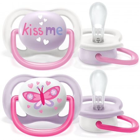 Philips Avent Пустышка силиконовая Ultra Air Lime Kiss me/Бабочка 0-6 мес для девочек SCF080/14 2 шт