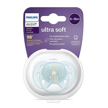 Philips Avent Пустышка силиконовая Ultra Soft Hello Star 6-18 мес для мальчиков SCF528/01 1 шт