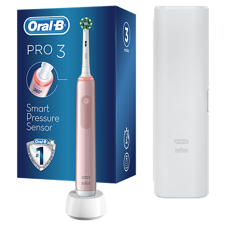 Oral-B Электрическая зубная щетка PRO 3 с 1 сменной насадкой розовая + дорожный футляр 1 шт