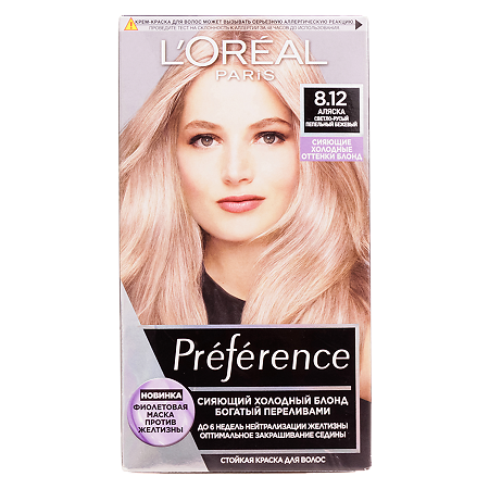 Loreal Paris Стойкая краска для волос Preference 8.12 Аляска светло-русый пепельный бежевый 1 шт