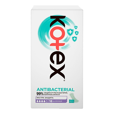 Kotex Прокладки Antibacterial с антибактериальным слоем внутри ежедневные длинные 18 шт