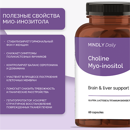 MINDLY Daily Холин+Мио-инозитол 250мг+250мг/Choline Myo-inositol капсулы массой 838 мг 60 шт